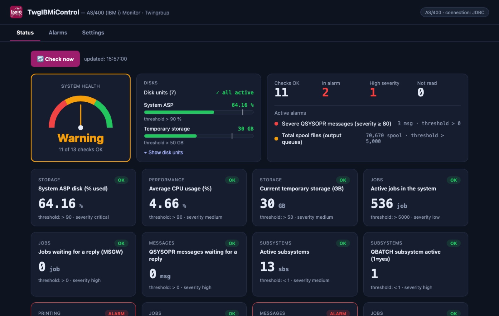 TwgIBMiControl dashboard: system health, disks and checks